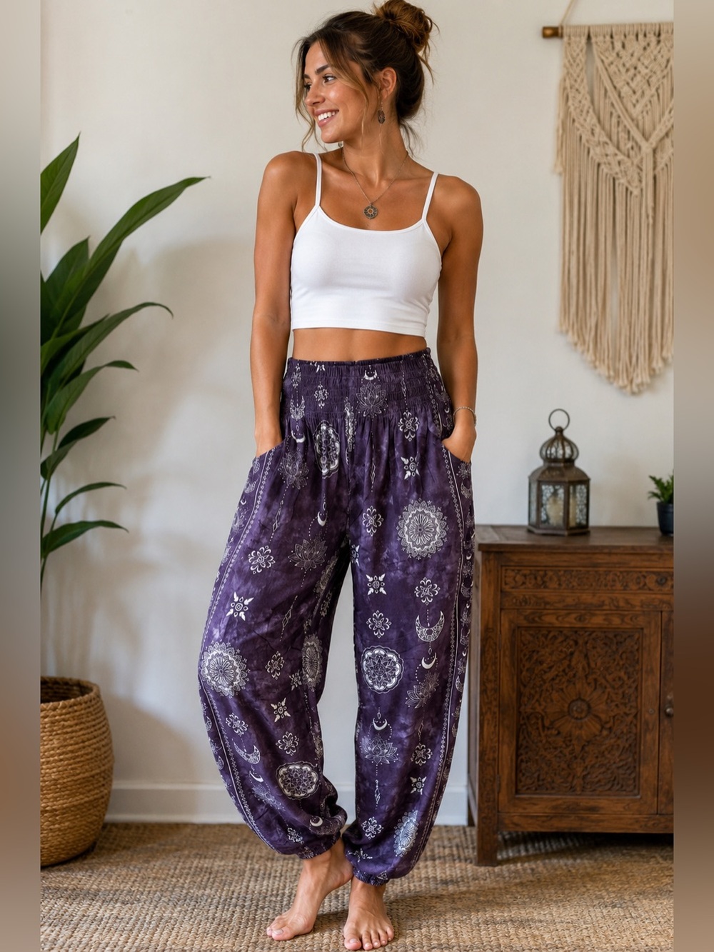 Lotus and Luna Wide Leg Boho Print Pants in Purple